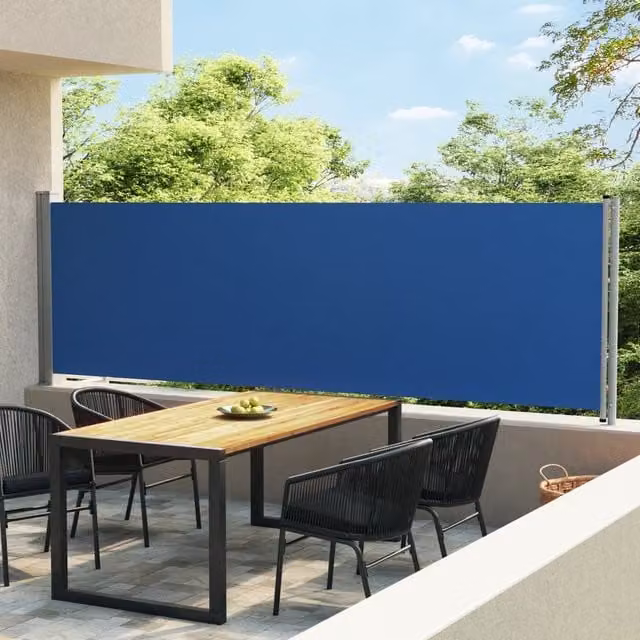 Berkfield Home Blue Retractable Side Awning with Manual Pull, Polyester and Steel, W: 140 cm, L: 600 cm