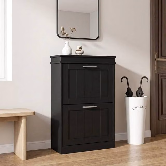 STILVORA Black Matt Shoe Cabinet with 2 Tilting Doors and Silver Details, H: 82.5 cm, W: 54.0 cm