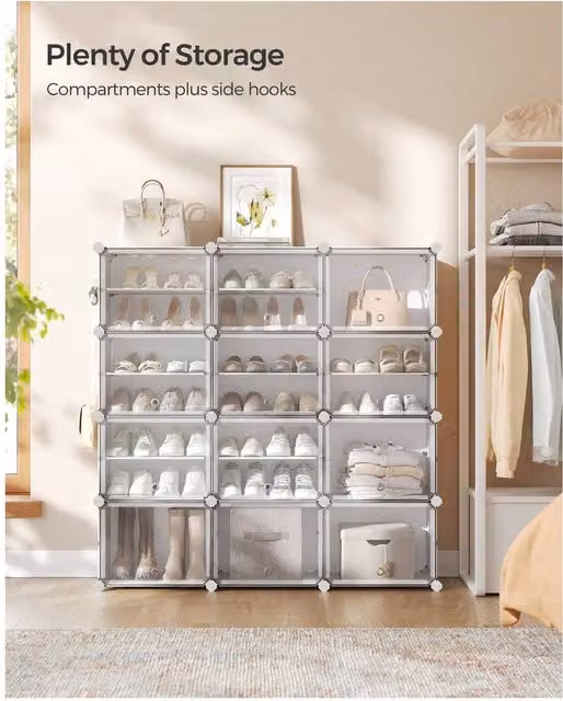 SONGMICS Modular Shoe Storage Cabinet with Glass Doors and Ventilation, White