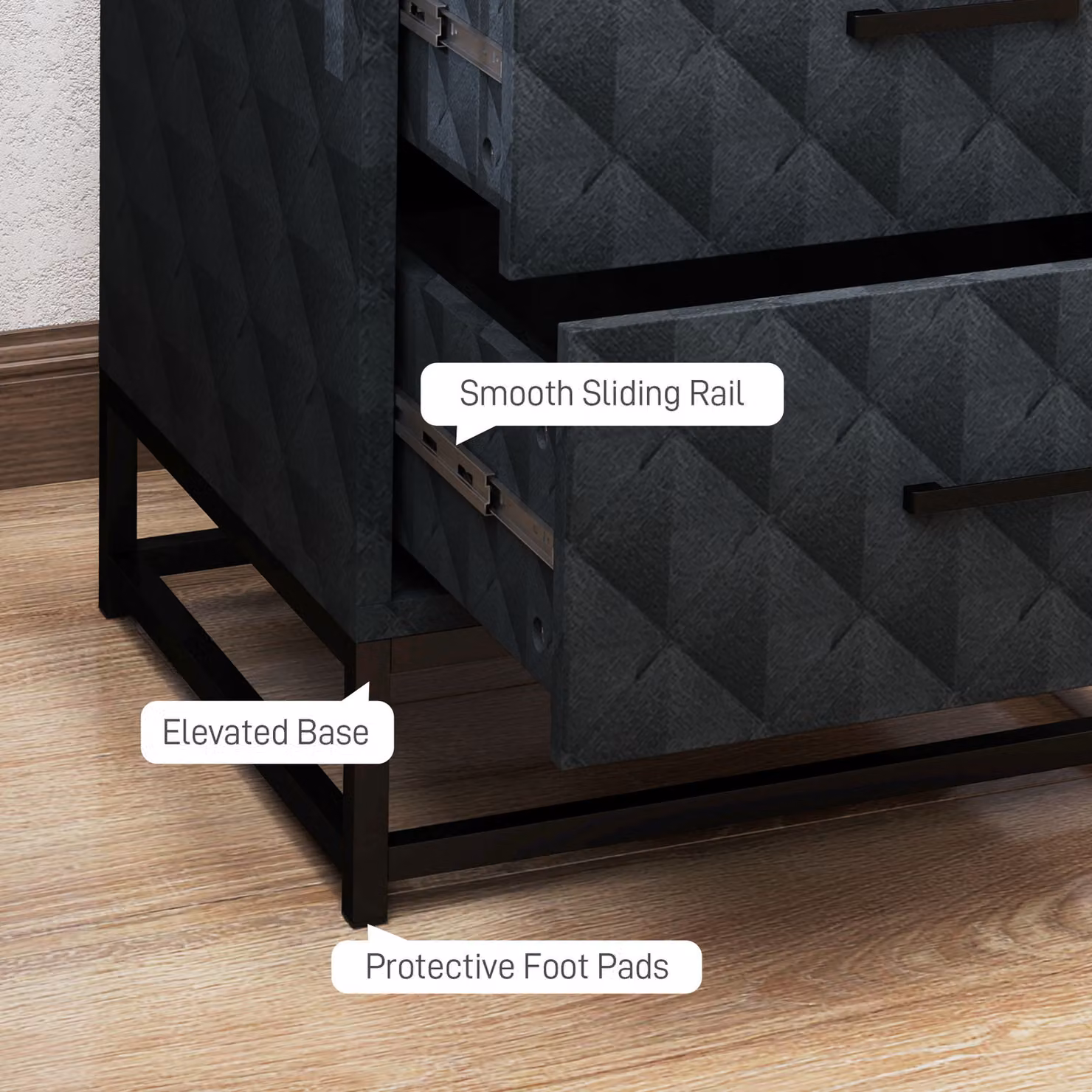 HOMCOM Set of 2 Modern Black Bedside Tables with 2 Drawers and Steel Legs – 5