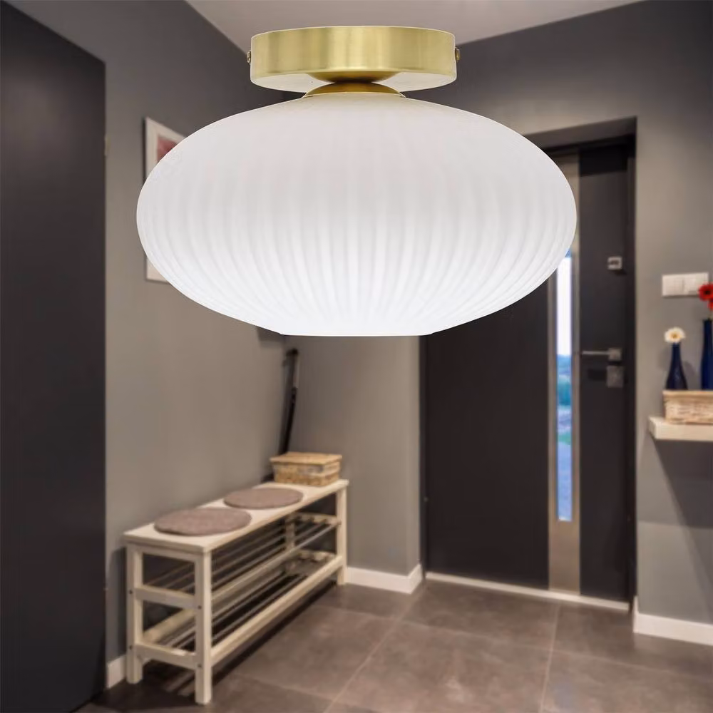 First Choice Lighting Baton White Ribbed Oval Glass Ceiling Light Fitting in Satin Brass – 2