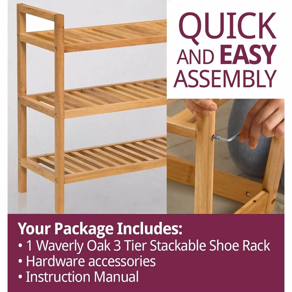 FORGEVIO 3 Tier Stackable Wood Shoe Rack in Light Oak – 2