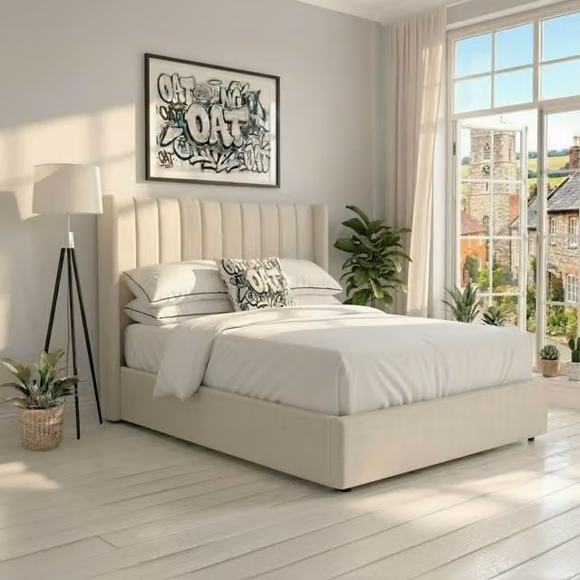 OAT Home Daresbury Natural Upholstered Winged Ottoman Storage Bed in Beige, W/D/H: 180 x 200 cm