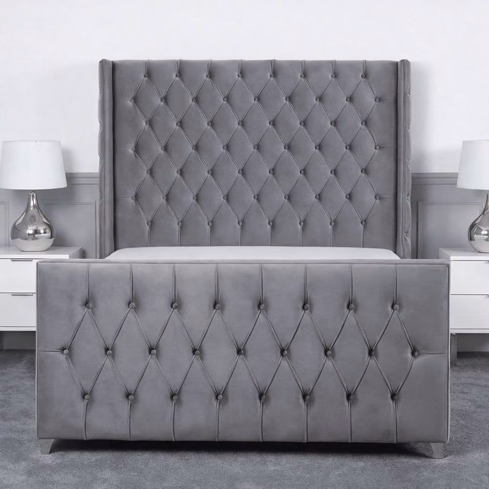Living Comfort Bedz Seraphina King Size Plush Velvet Upholstered Bed with Slatted Base in Grey, W/D/H: 180 x 200 cm