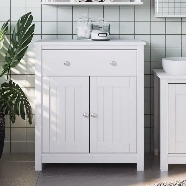 Berkfield Home BERG White Bathroom Cabinet in Solid Pine Wood, W/D/H: 69.5 x 34 x 80 cm
