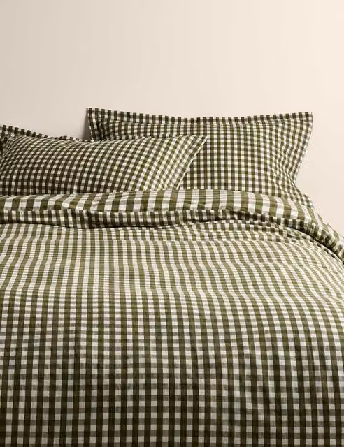 M&S Pure Cotton Green Gingham Reversible Single Bedding Set