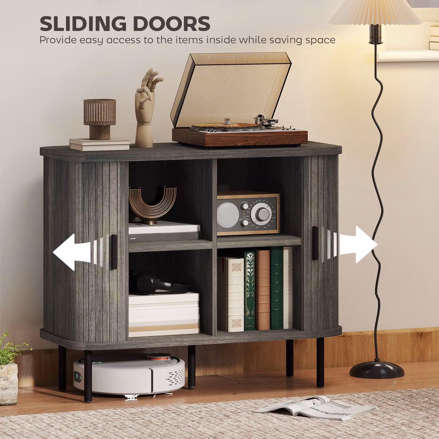 HOMCOM Mid Century Modern Grey Sideboard with Slatted Tambour Sliding Doors and Steel Legs – 3
