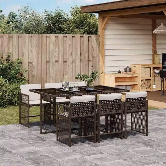 Berkfield Home 7 Piece Brown Poly Rattan Garden Dining Set with Glass Table and Cushions
