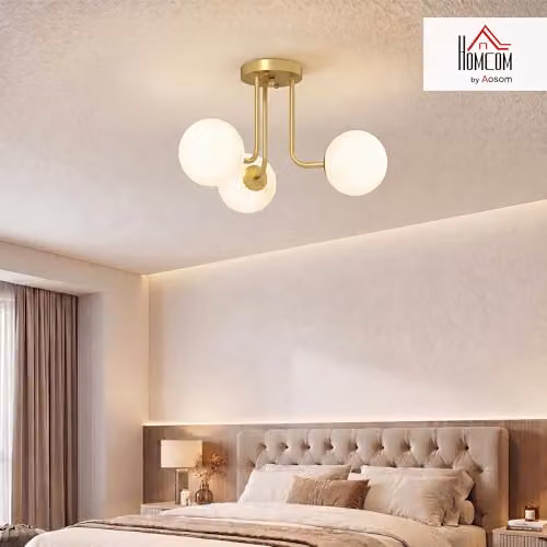 HOMCOM 3-Light LED Ceiling Light with White Glass Sphere Shades and Gold Metal Finish, G9 Sockets – 2