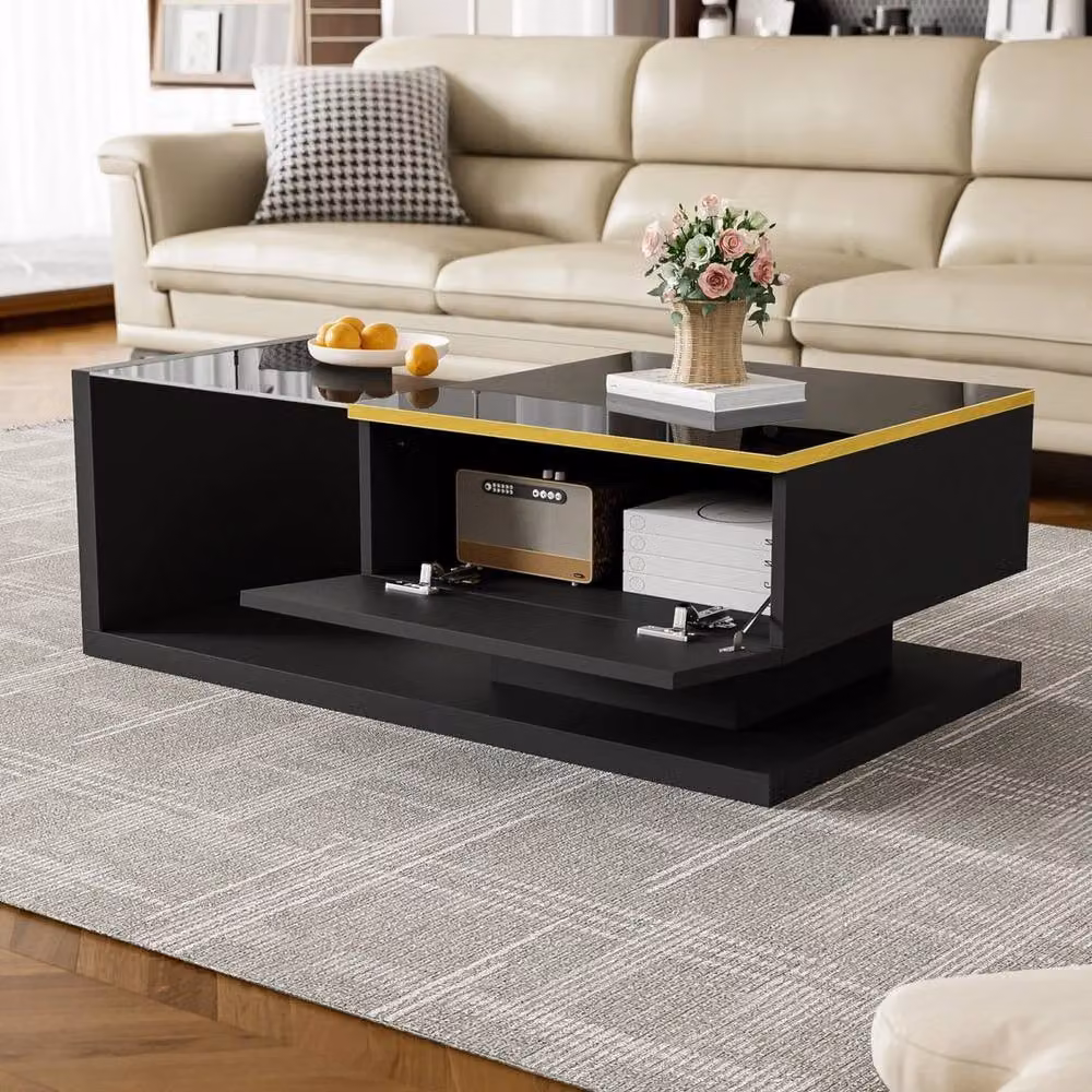 PAWNORA Modern Black Rectangular Coffee Table with Glass Top and LED Light and Lift Mechanism – 3