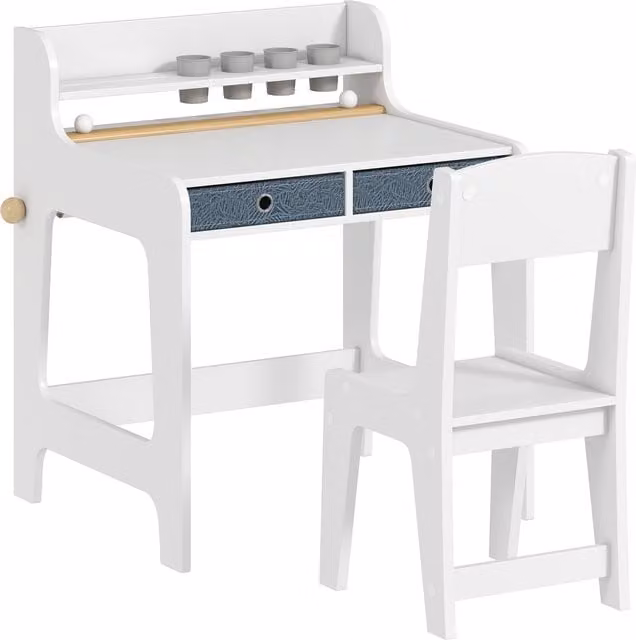 AIYAPLAY Childrens Art Table and Chair Set in White with Storage Shelf and Drawers