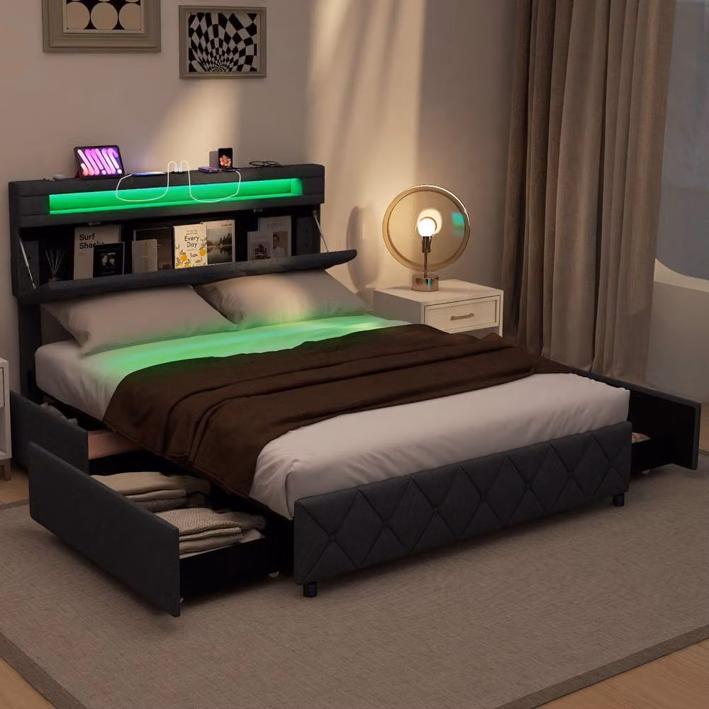 Costway Double Size Upholstered Bed Frame in Grey with LED Lights, USB Charging Port and Drawers, W/D/H: 140 x 200 cm – 7