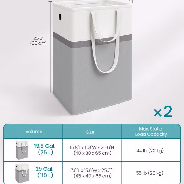 SONGMICS Set of 2 Collapsible Cotton Fabric Laundry Baskets with Handles, Grey, 110L