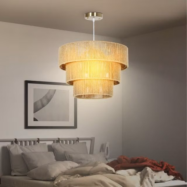 HOMCOM Boho Hemp Rope Pendant Light in Beige and Brown with Adjustable Height for Bedroom or Living Room
