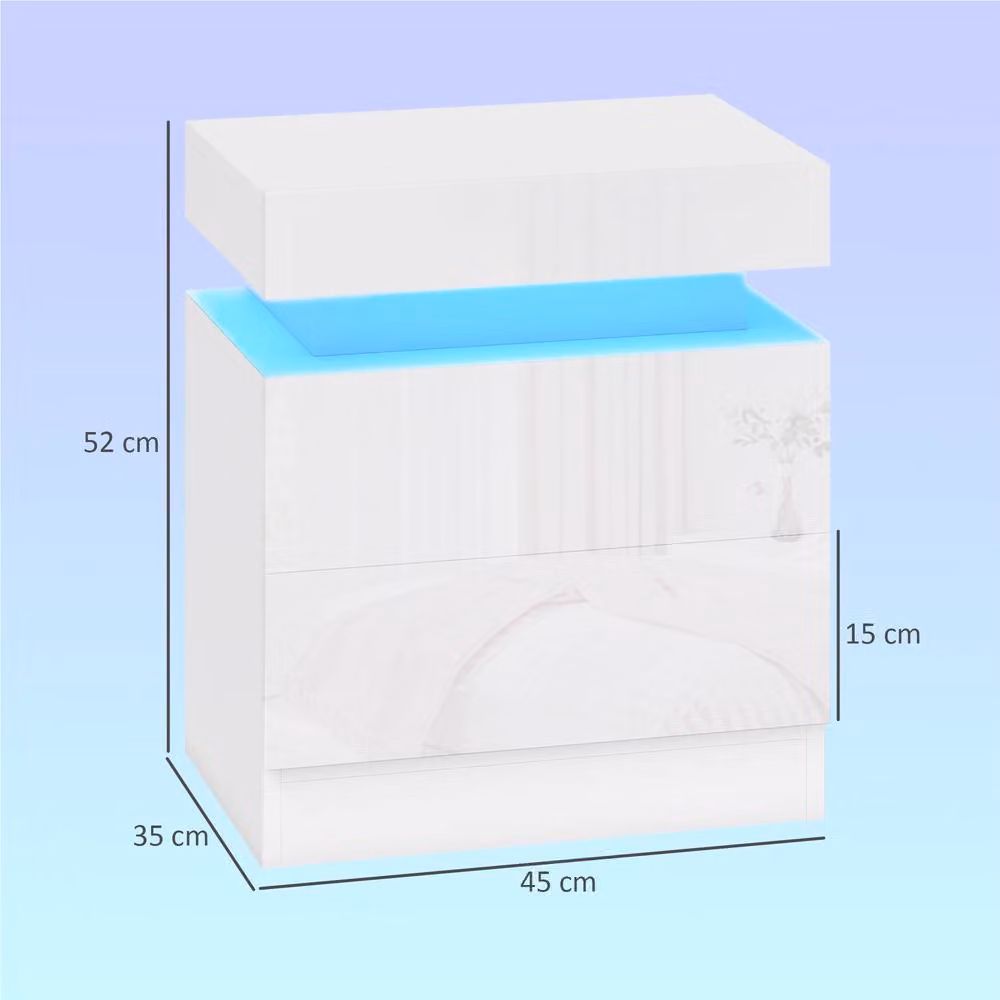 STILVORA Modern White Glossy Bedside Table Set with Integrated LED Lighting and 2 Drawers – 3