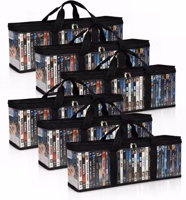 EONLION 6-Piece Set of Foldable DVD Storage Boxes with Handles, Black and Transparent