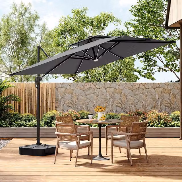Livingandhome 3m LED Cantilever Garden Parasol with Square Plastic Base in Grey