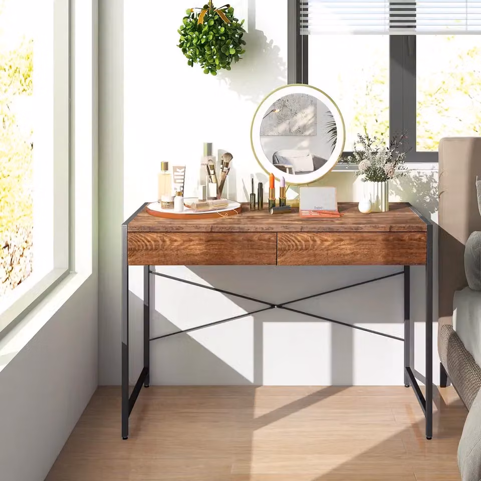Costway Brown Wooden Computer Desk and Writing Workstation with 2 Drawers – 3