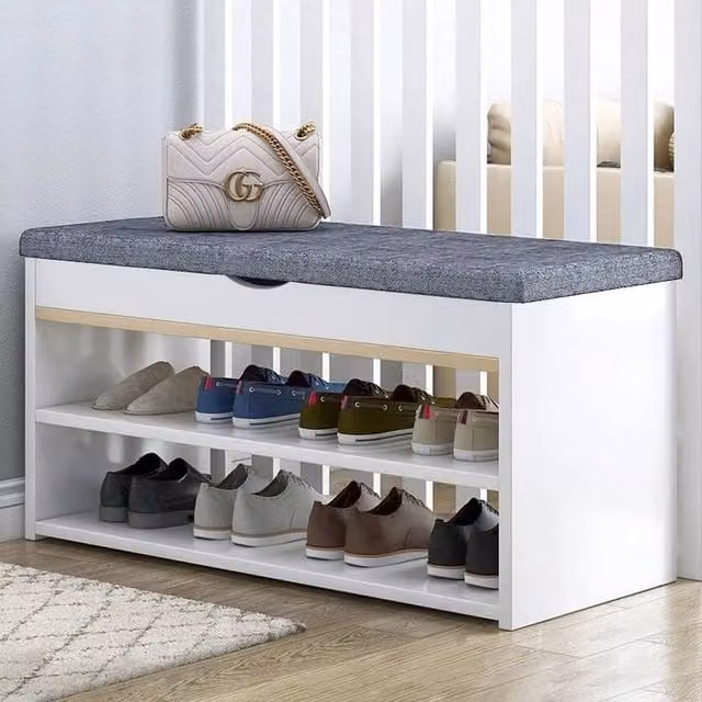 EONLION White Wooden and Metal Shoe Bench and Hallway Storage Rack, Width: 100 cm