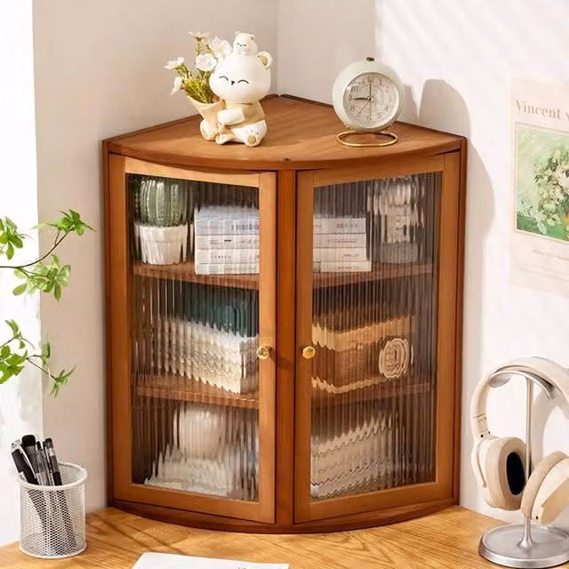 Kelvenix Modern Bamboo Corner Kitchen Cabinet with Acrylic Glass Doors, Brown, W/D/H: 49 x 32 x 32 cm