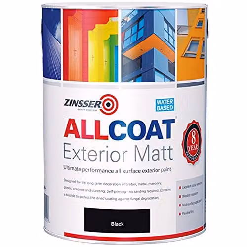 Zinsser Allcoat Exterior Water Based Matt Paint, Black, 2.5 l