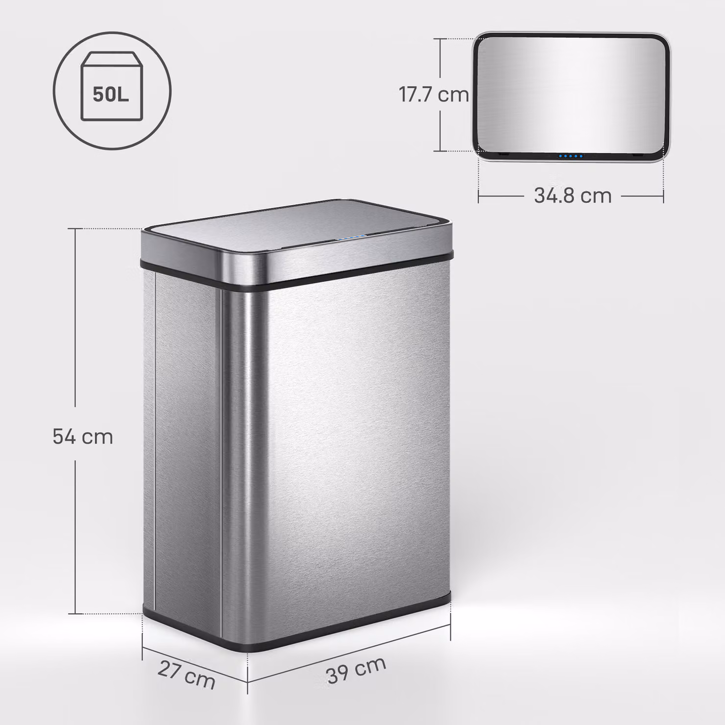 HOMCOM 50 L Sensor Bin with Soft-Close Lid and Odour Filter, Fingerprint-Proof Stainless Steel, Silver – 3