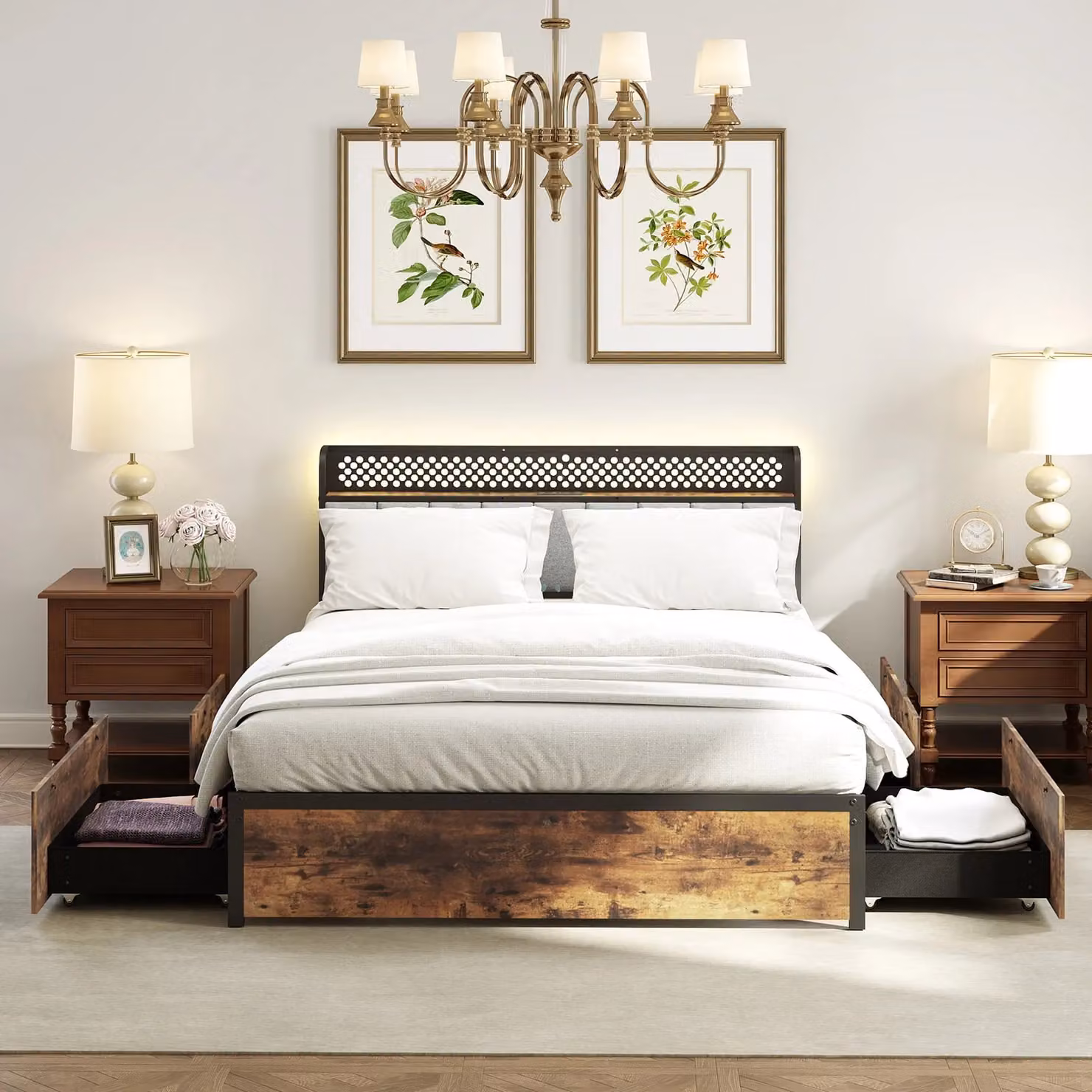 Costway Double Bed Platform Bed with LED Lights, USB Charging Ports and Drawers in Brown, W/D/H: 140 x 200 cm – 2