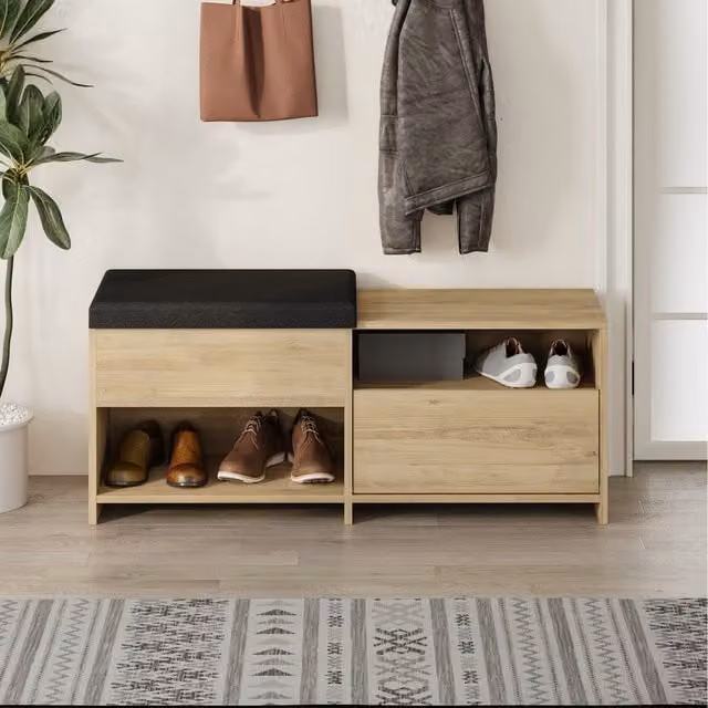 Decortie Filux Modern Shoe Storage Bench with Sliding Seat and Drop-Door in Natural Oak, Width: 120 cm – 1