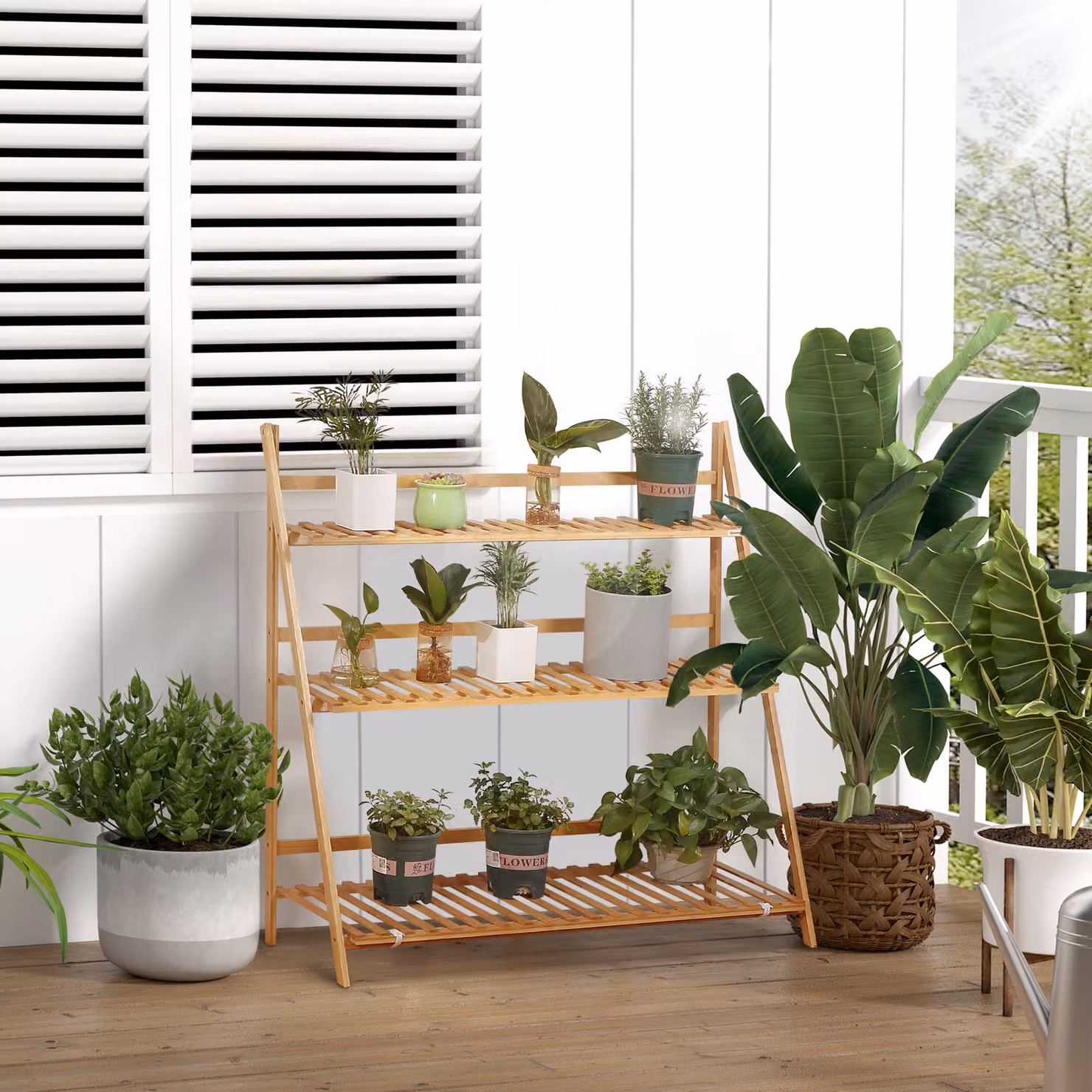 Outsunny 3-Tier Bamboo Ladder Plant Stand, Brown, W: 98 cm, D: 37 cm, H: 96.5 cm – 2