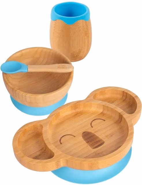 Koala Bamboo and Silicone 4-Piece Baby Feeding Set in Blue