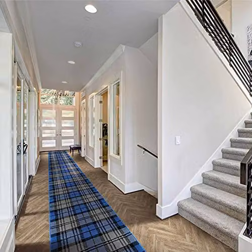 runrug Blue Tartan Hallway Runner Rug, W/D/H: 80 x 420 x 0.9 cm