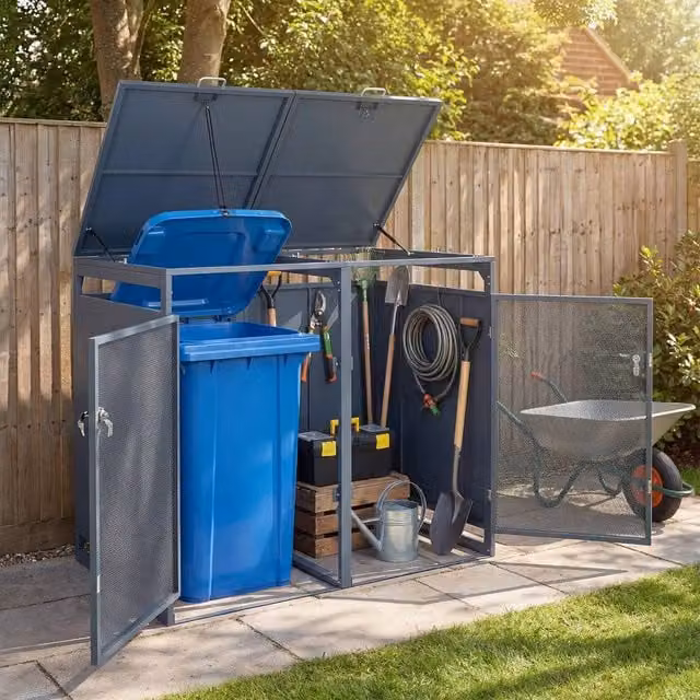 Costway Metal Trash Can Storage Shed for 2 Bins in Grey – 1
