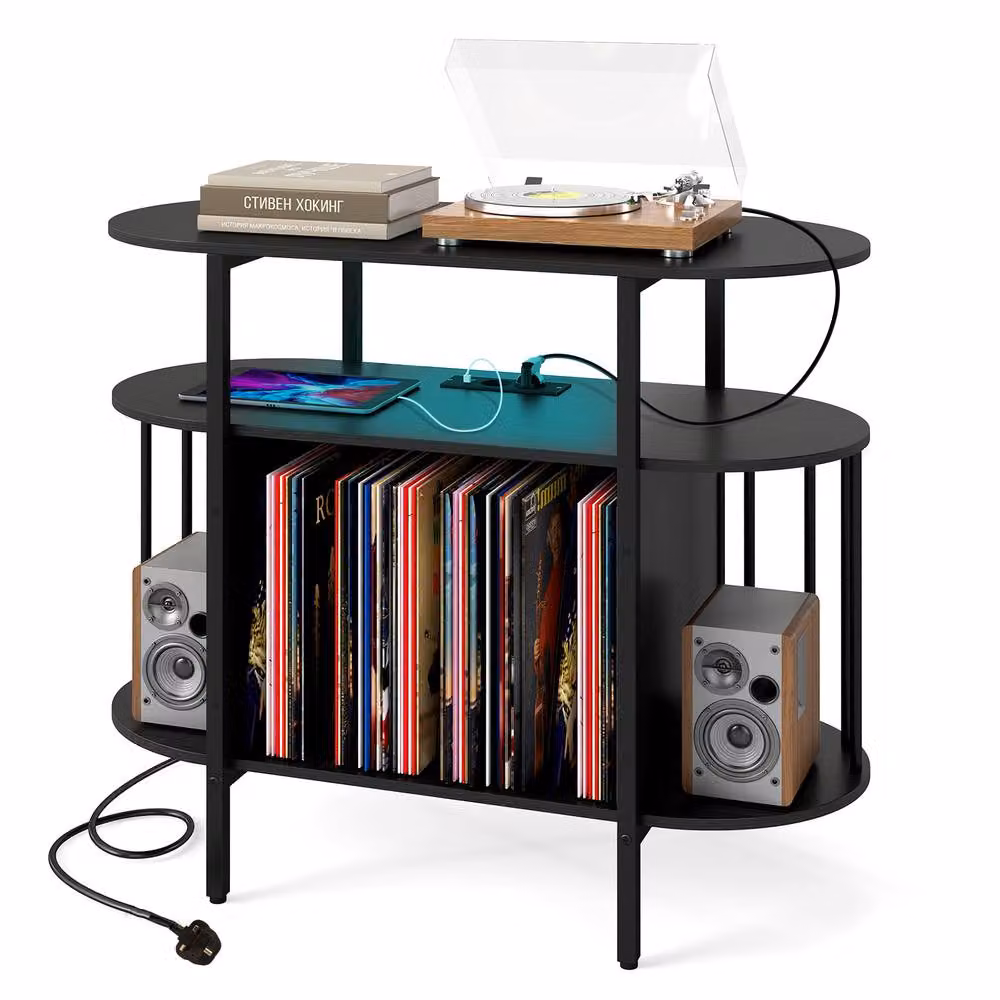 Gymax Large Record Player Stand with LED Lights in Black Metal – 10