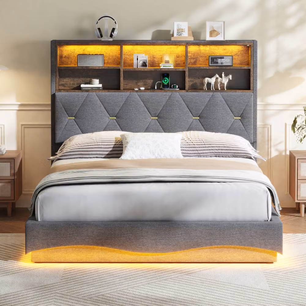 Rolipo Double Upholstered Hydraulic Storage Bed Frame with LED Lighting and USB Charging Port, Grey, 140 x 200 cm – 2