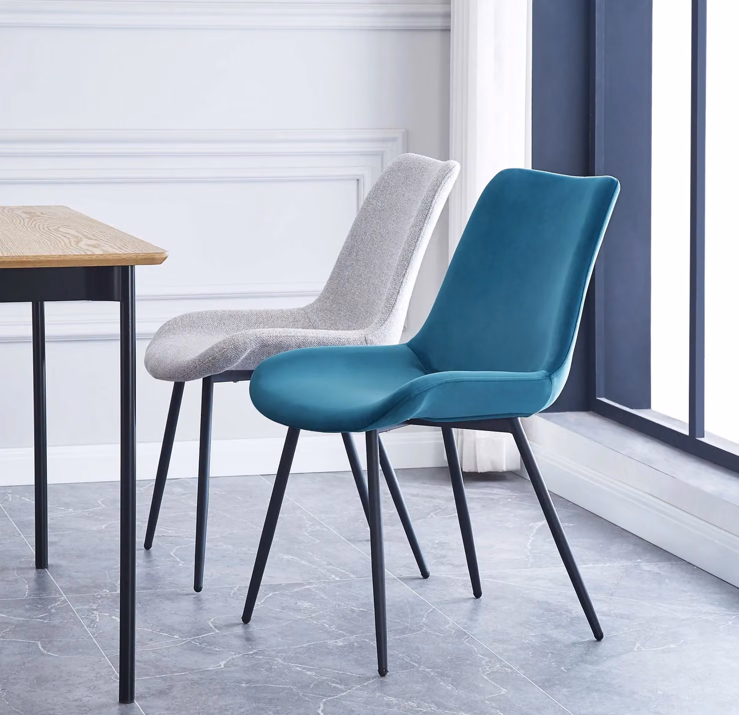 Nordlys Set of 2 Blue Velvet Scandinavian Dining Chairs with Black Metal Legs – 2