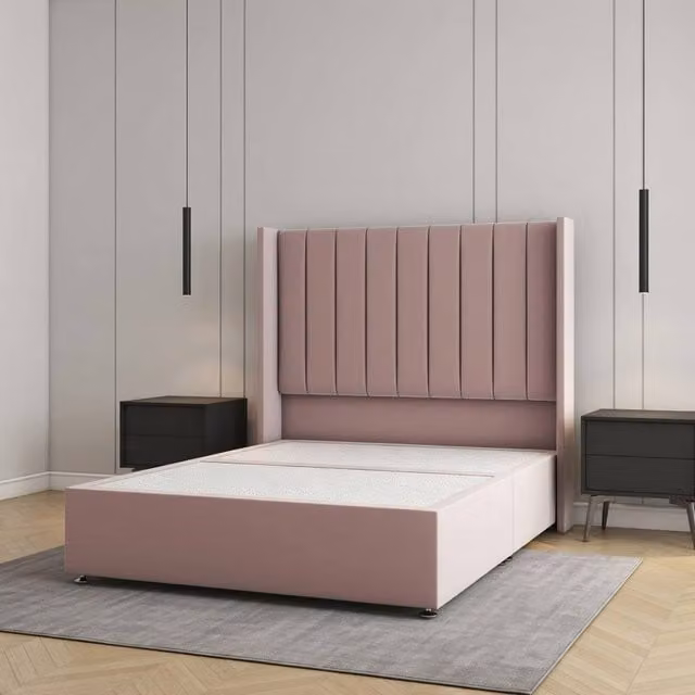 Regional Furnishings Double Divan Bed in Pink Plush Velvet with 54 inch Headboard