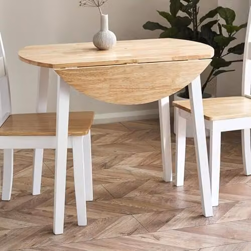 Julian Bowen Linwood Round Drop Leaf Dining Table in White and Natural Wood, W/D/H: 90 x 55 x 75.5 cm – 1