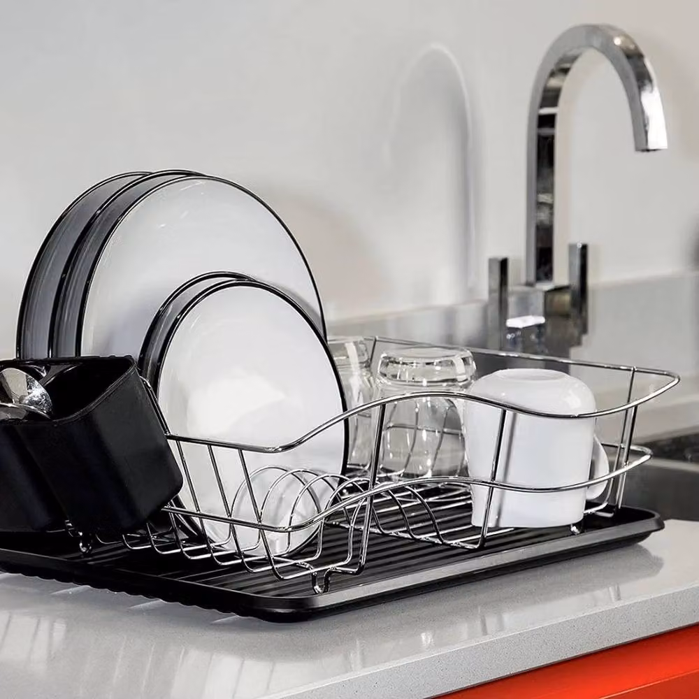 VOGREX Large Black Kitchen Dish Drainer Rack with Drip Tray, Cutlery Holder and Cup Holder, Coated Steel Metal Construction, W: 41.0 cm, D: 32.0 cm, H: 9.5 cm – 2