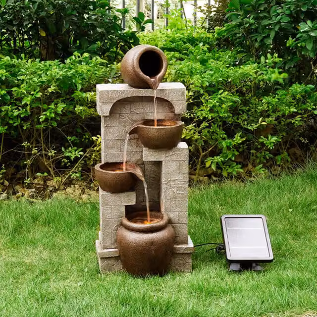 Teamson Home Solar Powered 4 Tier Cascade Outdoor Garden Water Fountain with LED Lights in Grey and Bronze