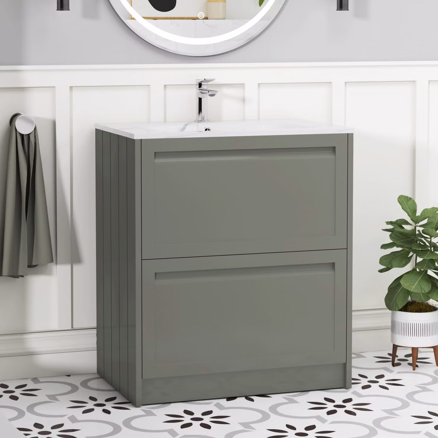 Royal Bathrooms Elmore Traditional 2 Drawer Floor Standing Vanity Unit in Matt Green with Carrara White Basin