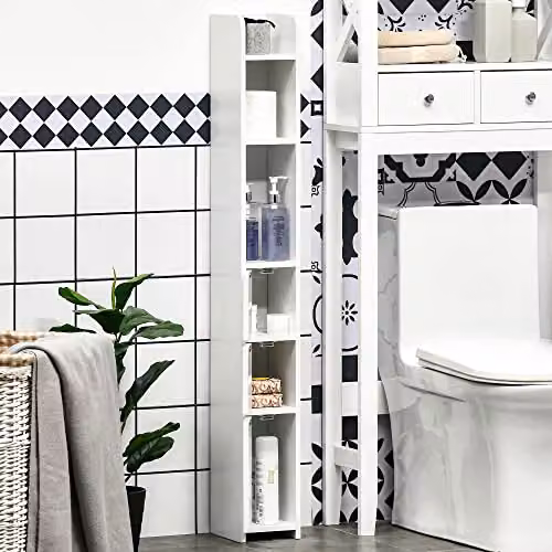 Kleankin Modern Freestanding White Bathroom Storage Cabinet with Open Shelves and 3 Cupboards, H 120 x W 60 x D 30 cm – 4