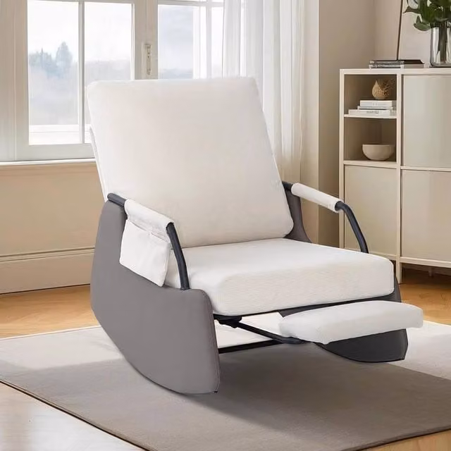 VOGREX White Fabric Armchair Glider with Manual Reclining Lever and Adjustable Backrest and Footrest