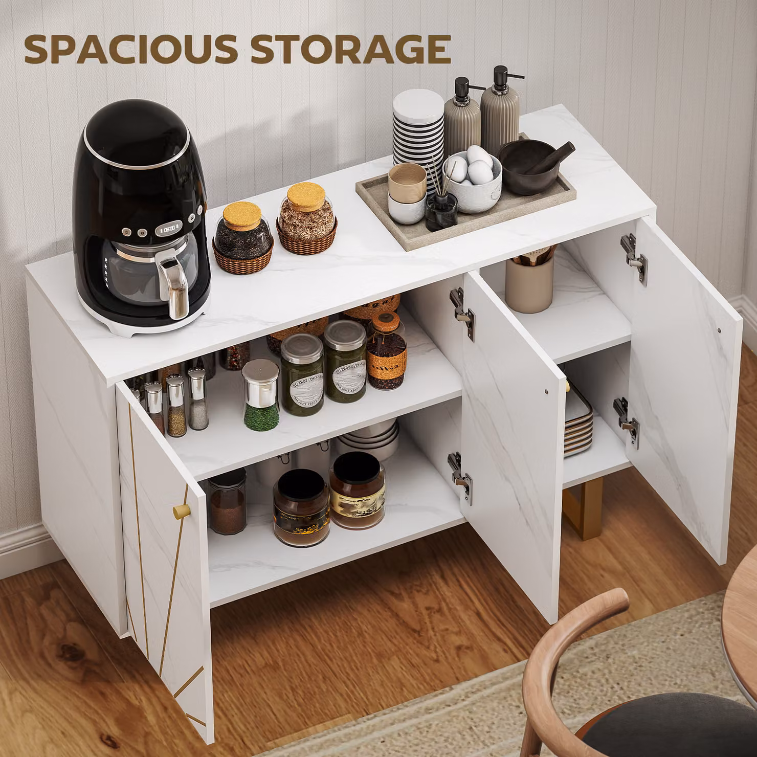 HOMCOM Modern Sideboard Storage Cabinet with Adjustable Shelves and Metal Legs in White and Gold – 3