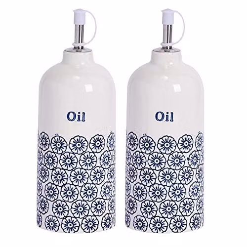 Nicola Spring Floral Stoneware Olive Oil Dispenser Set in Blue and White, Pack of 2