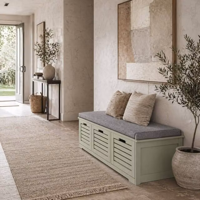 Wyld Haus Dilena Green 3 Drawer Shoe Storage Bench with Grey Padded Fabric Seat