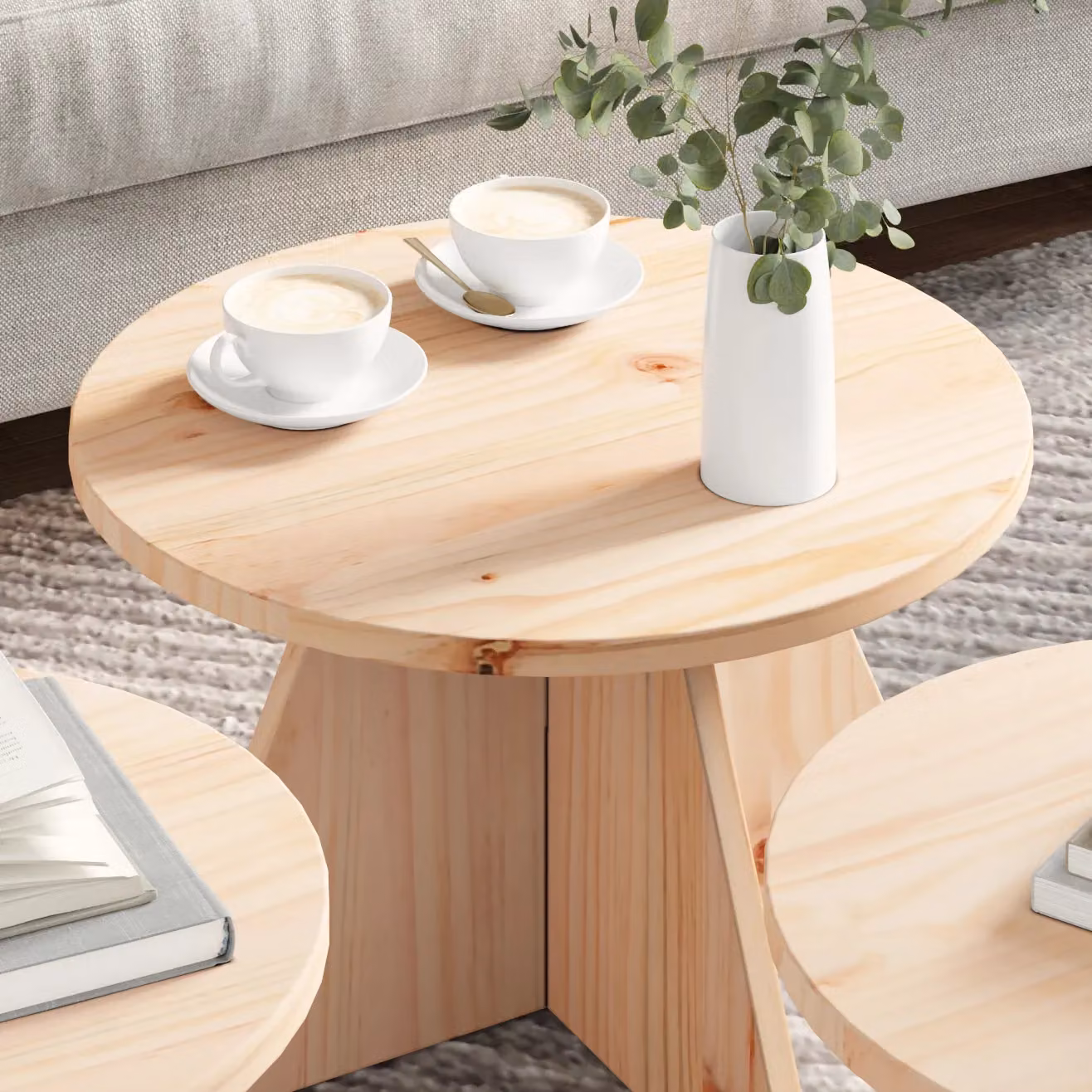Berkfield Home 3-Piece Round Nested Coffee Table Set in Natural Solid Pine Wood – 3