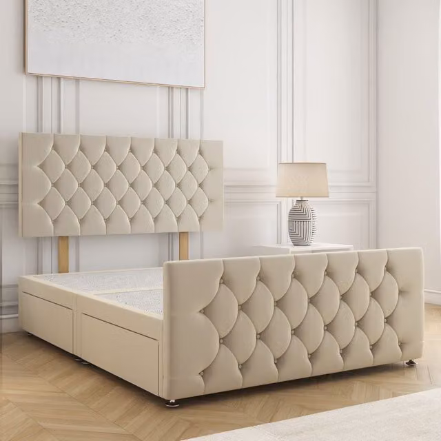 BSSPOKE Maya Velvet Divan Bed with 24 inch Headboard and 2 Drawers, Beige, King Size (W/D/H: 180 x 200 x 30.48 cm)