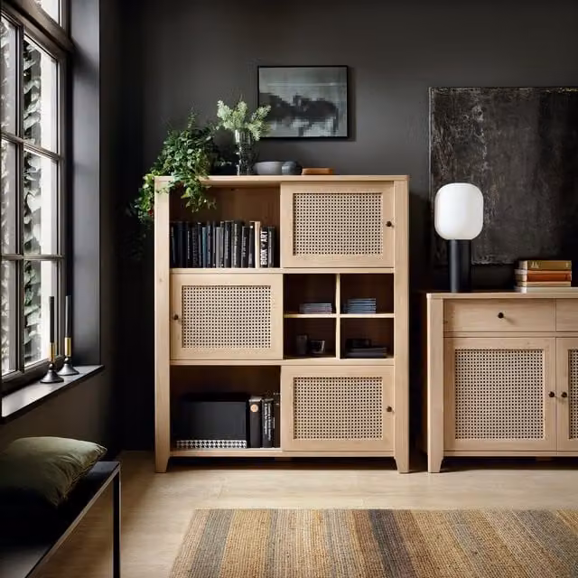 Furniture To Go Cestino 3-Door Cabinet in Brown Hickory with Sliding Doors and Open Shelving