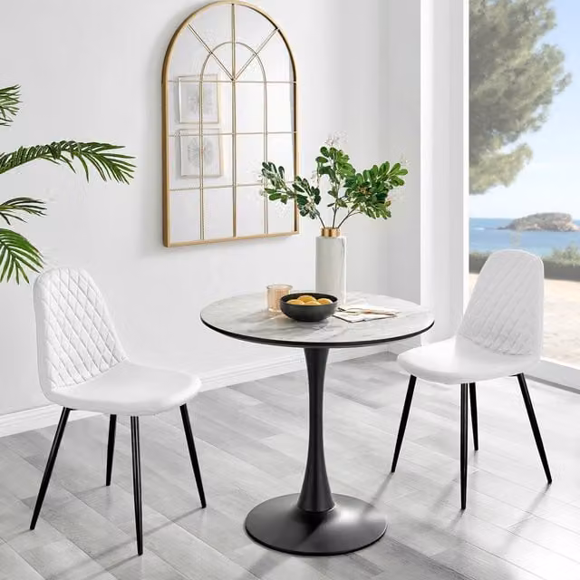 FurnitureboxUK Elina White Marble Effect Round Dining Table and 2 Corona Black Leg Chairs Set