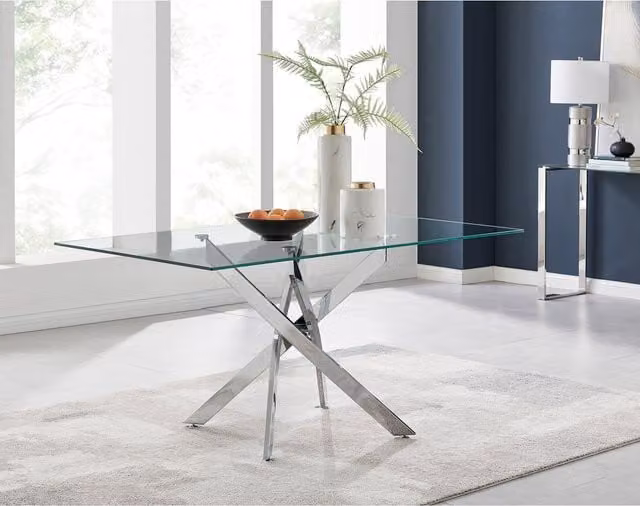 FurnitureboxUK Leonardo 6 Seat Rectangular Dining Table with White Marble Effect Grey Glass Top and Silver Metal Legs